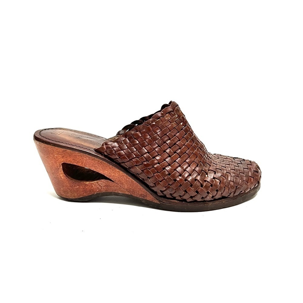 Vintage 1970s brown woven leather cutout wedge heel mules